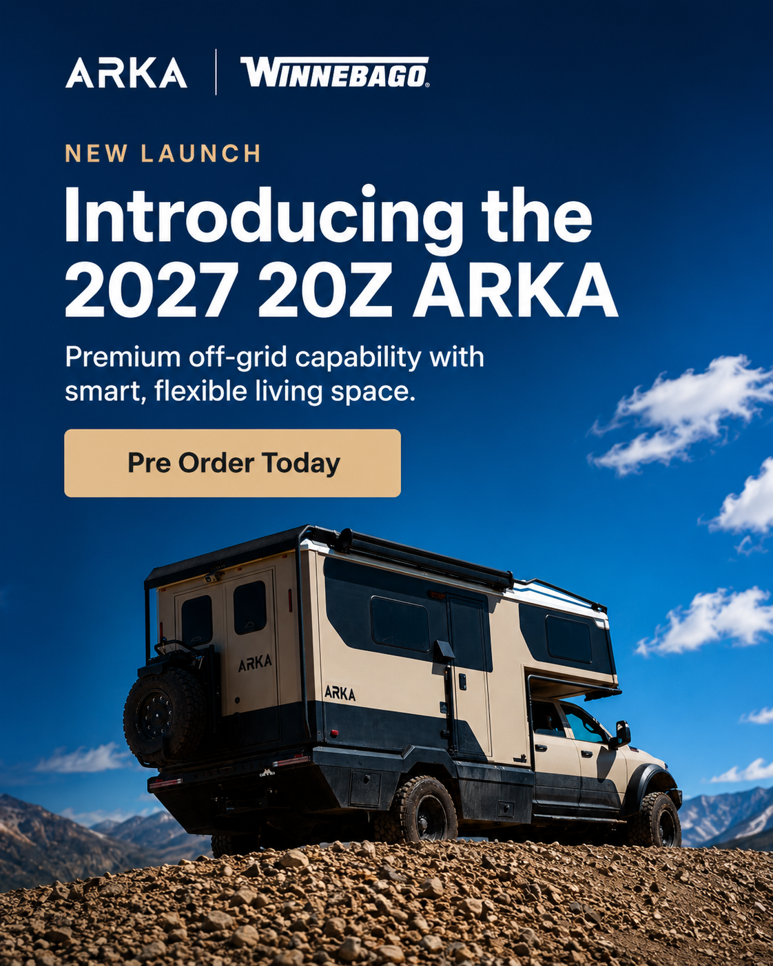 2027 Winnebago ARKA overland motorhome on a mountain trail
