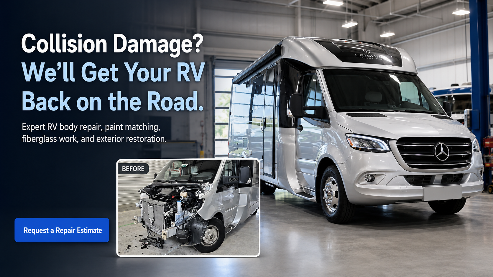 RV body shop repairing exterior collision damage
